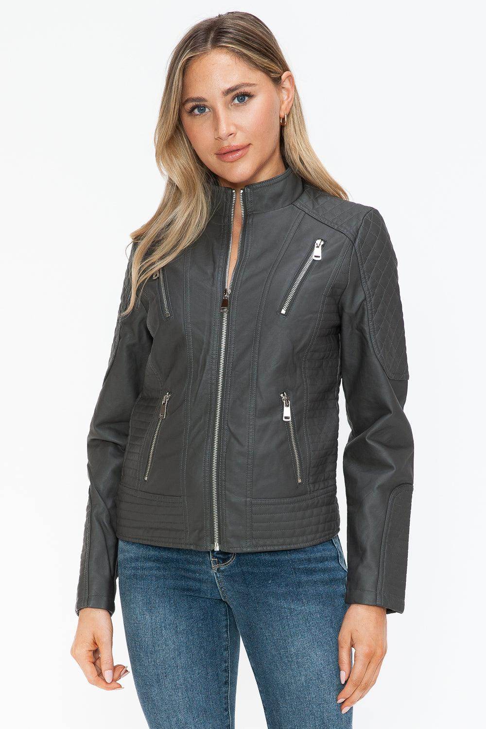 Snobbish Faux Leather Zip Up Mock Neck Jacket for Women - Selvanelle
