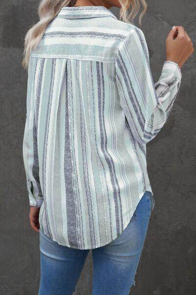 Striped Collared Neck Long Sleeve Shirt for Women Fashion - Selvanelle