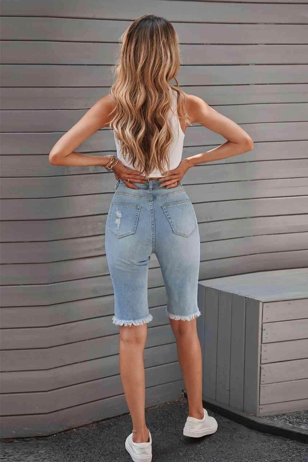 Distressed Raw Hem Denim Bermuda Shorts for Casual Style - Selvanelle