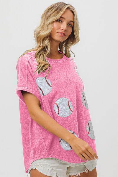 BiBi Sequin Baseball Short Sleeve T-Shirt for Women - Selvanelle