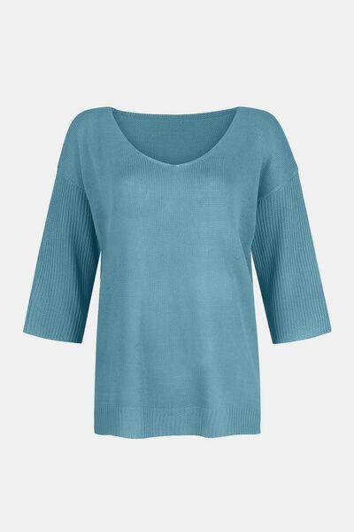 V-Neck Three-Quarter Sleeve Knit Top for Women Casual Wear - Selvanelle