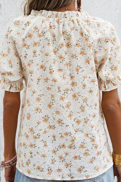 Frill Printed Notched Short Sleeve Blouse for Women - Selvanelle