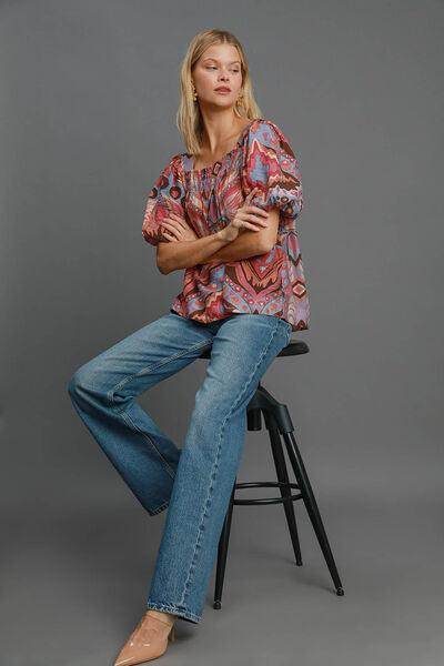 Umgee Full Size Abstract Print Smocked Square Neck Blouse - Selvanelle