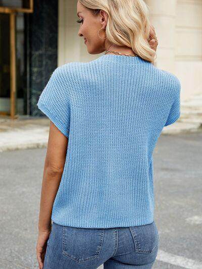 Round Neck Short Sleeve Sweater with Pocketed Stretch - Selvanelle
