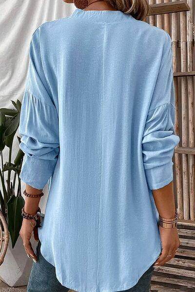 Solid Color Notched Long Sleeve Blouse for Women - Selvanelle