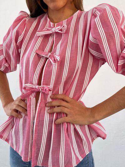 Tied Round Neck Balloon Sleeve Shirt for Stylish Look - Selvanelle