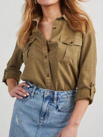 Collared Neck Roll-Tab Sleeve Denim Top for Women - Selvanelle