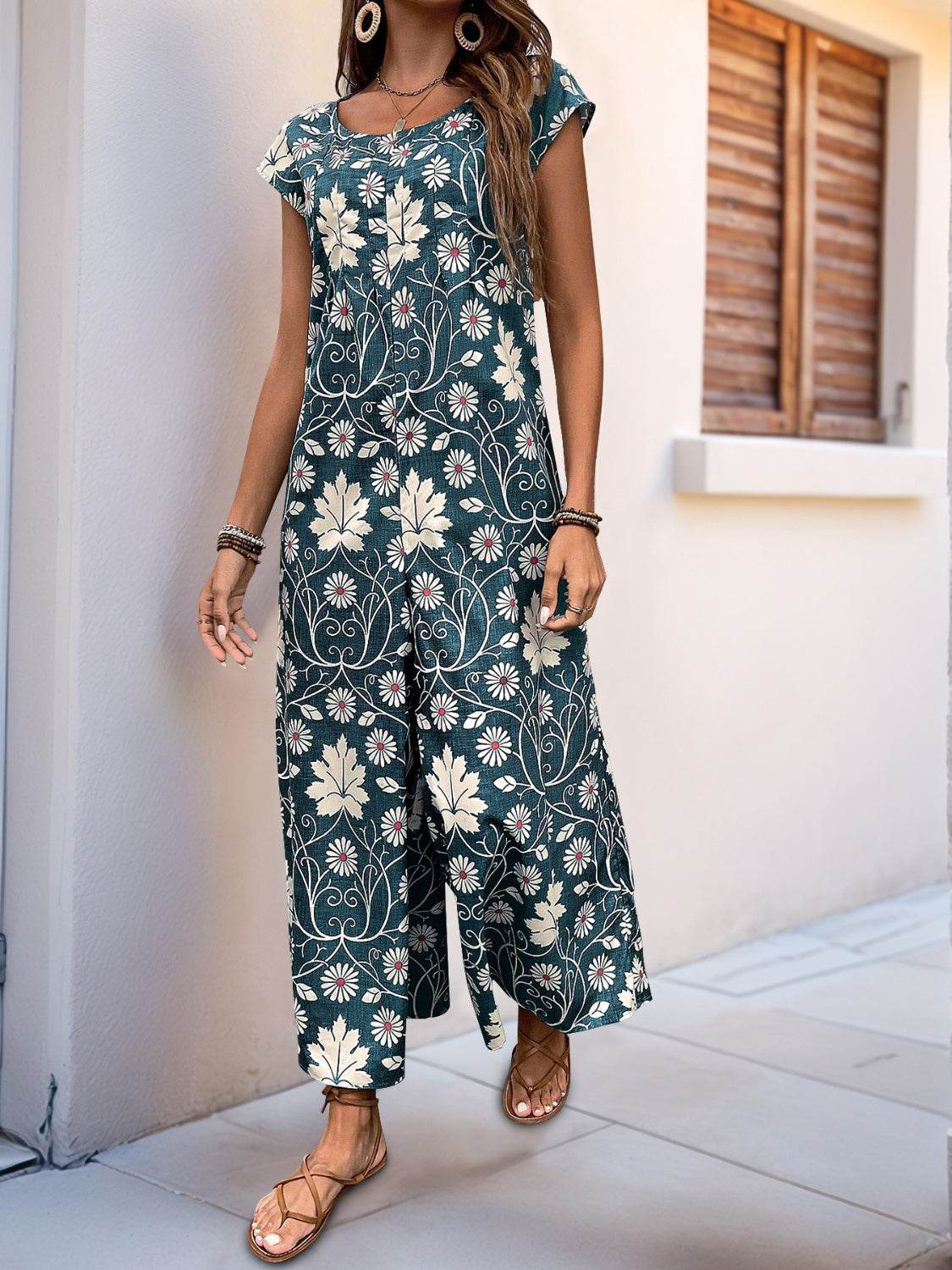 Perfee Printed Round Neck Cap Sleeve Wide Leg Jumpsuit - Selvanelle