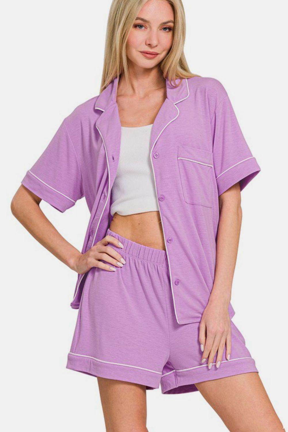 Zenana Button Down Short Sleeve Top and Shorts Lounge Set - Selvanelle