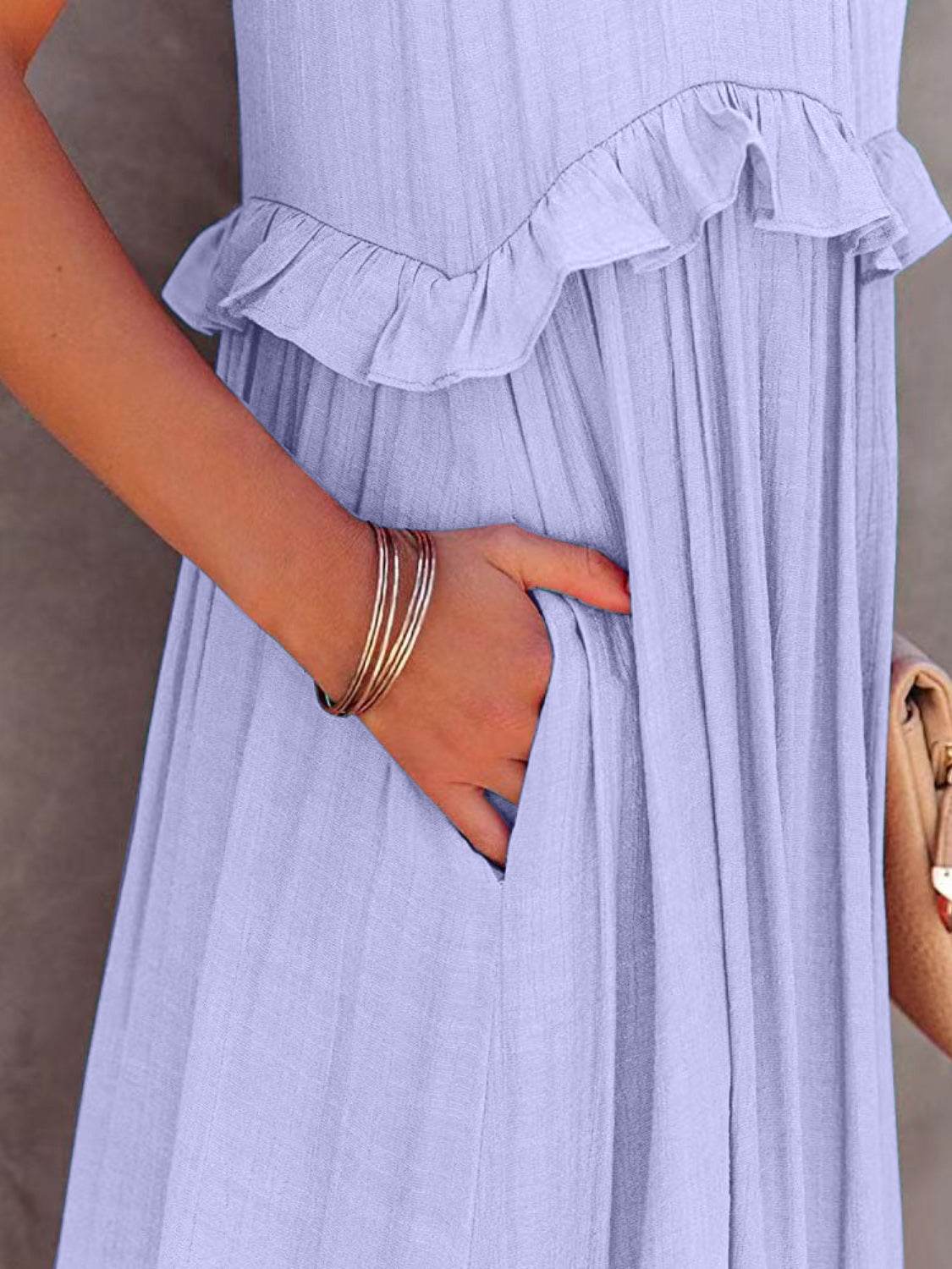 Ruffled Sleeveless Tiered Maxi Dress with Pockets - Selvanelle