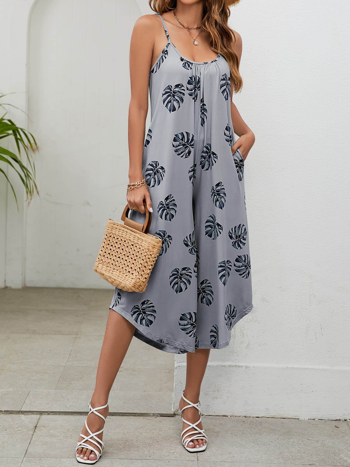 Botanical Print Spaghetti Strap Scoop Neck Jumpsuit - Selvanelle