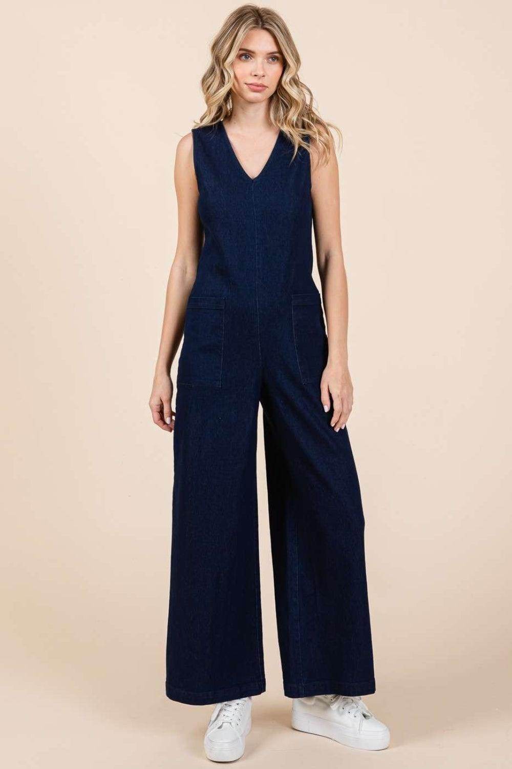 Mittoshop Sleeveless Wide Leg Denim Jumpsuit for Women - Selvanelle
