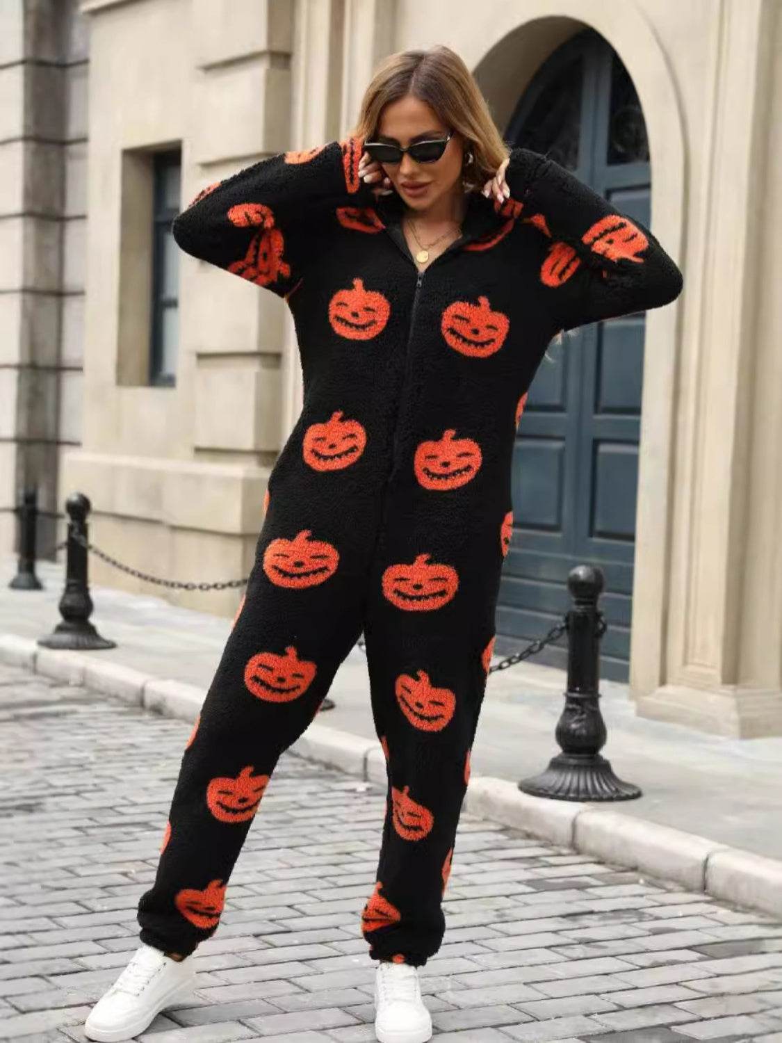 Fuzzy Pumpkin Half Zip Hooded Jumpsuit - Selvanelle