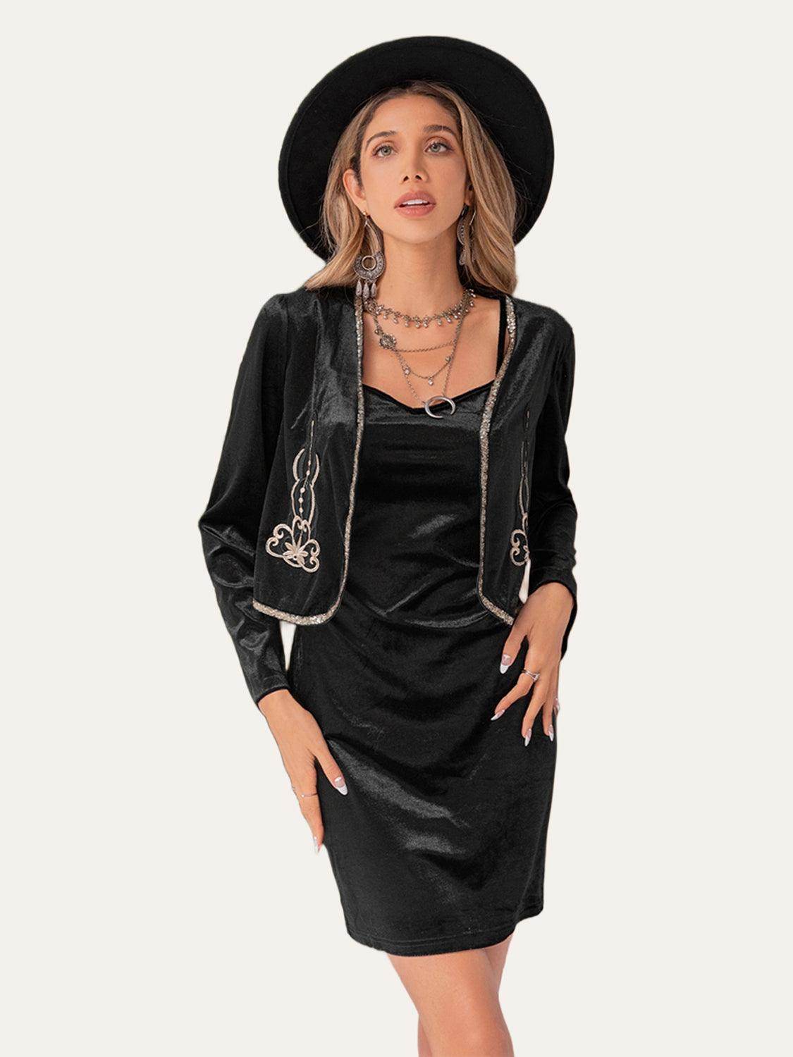 Embroidered Open Front Cardigan and Cami Dress Set for Women - Selvanelle