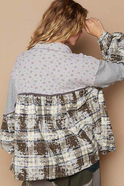 POL Balloon Sleeve Floral Color Block Plaid Shirt for Women - Selvanelle