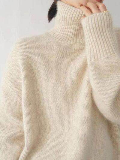 Turtleneck Dropped Shoulder Long Sleeve Sweater for Women - Selvanelle