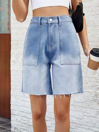 Buttoned Raw Hem Denim Shorts with Pockets for Women - Selvanelle