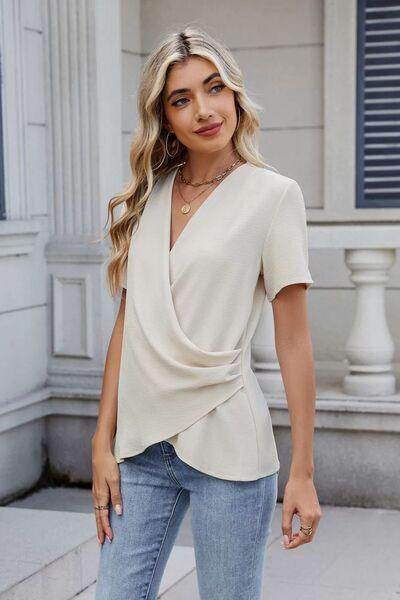 Solid Color Surplice Short Sleeve Blouse for Women - Selvanelle