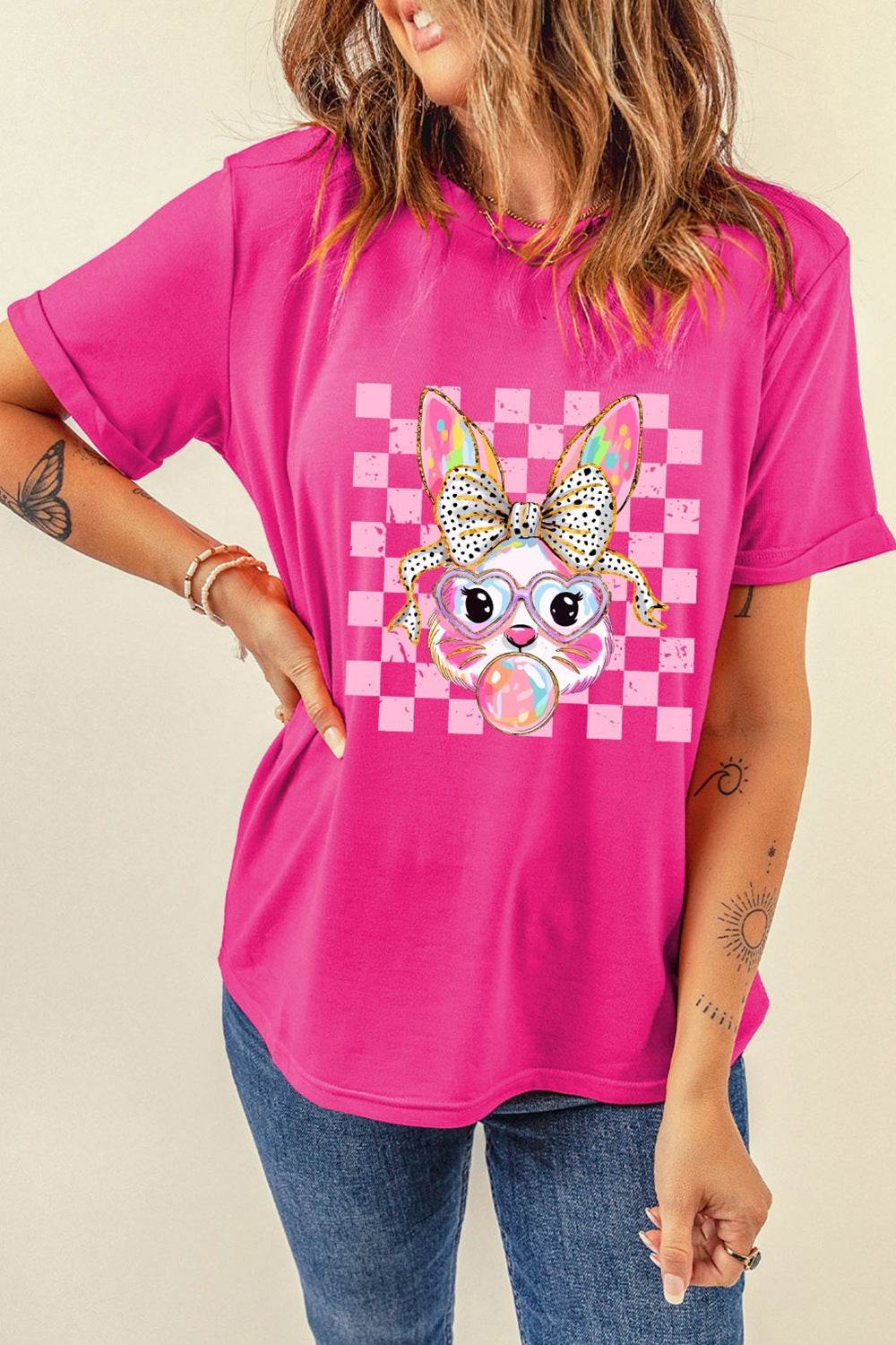 Rabbit Graphic Round Neck Short Sleeve T-Shirt - Selvanelle