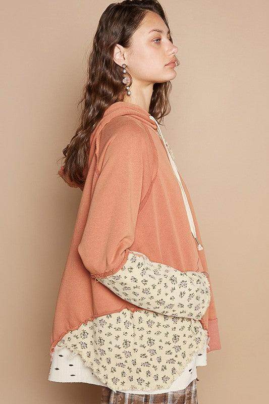 POL Floral Patchwork Distressed Drawstring Hoodie for Women - Selvanelle