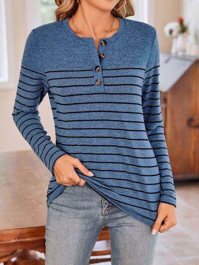 Lovelet Quarter Button Striped Round Neck Long Sleeve T-Shirt - Selvanelle