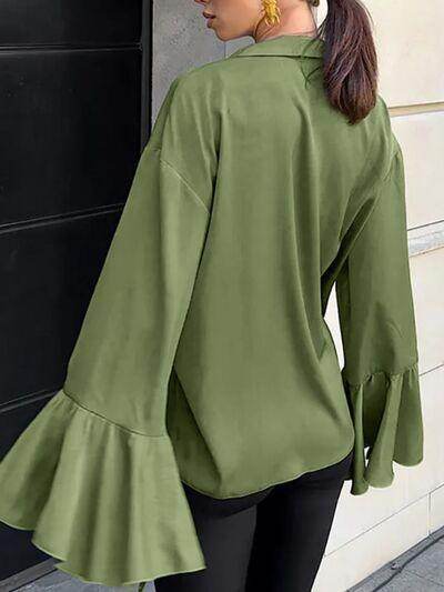 Button Down Flounce Sleeve Shirt for Stylish Women - Selvanelle