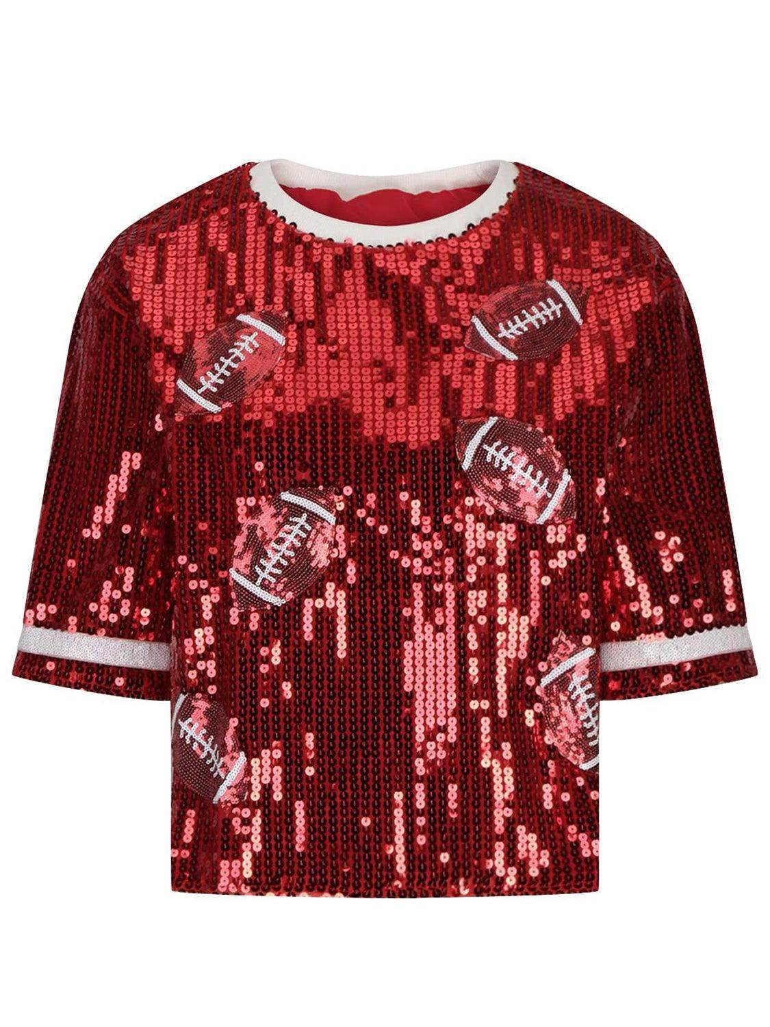 Sequin Football Round Neck Half Sleeve Top for Women - Selvanelle