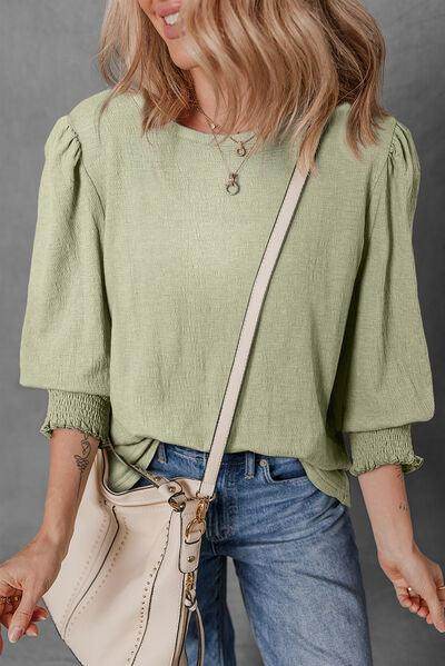 Textured Round Neck Three-Quarter Sleeve Blouse for Women - Selvanelle