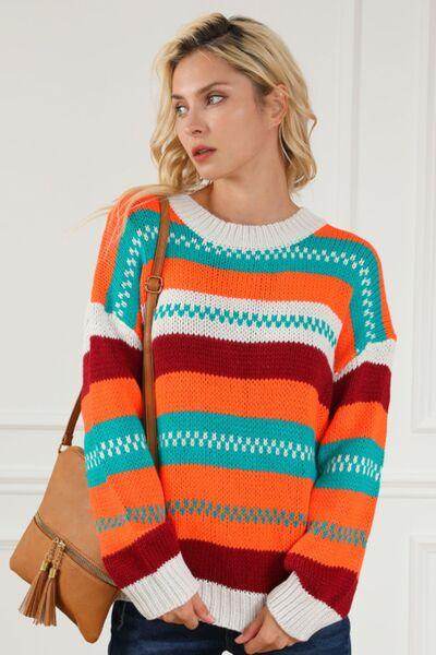 Contrast Striped Round Neck Long Sleeve Sweater for Women - Selvanelle