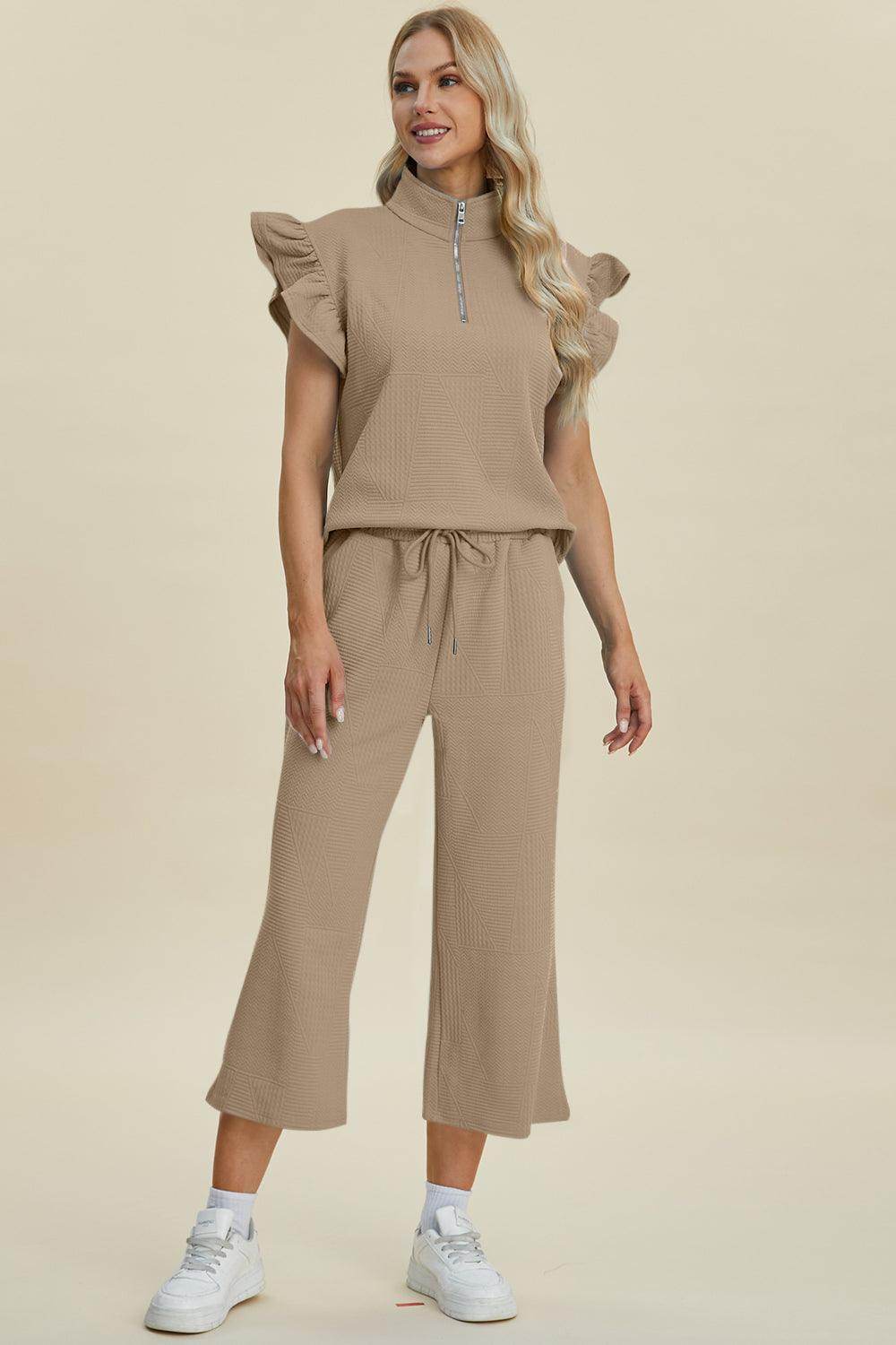 Double Take Full Size Texture Ruffle Top and Pants Set - Selvanelle