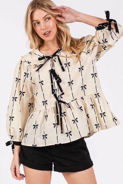 SAGE + FIG Bow Print Tie Front Babydoll Blouse for Women - Selvanelle