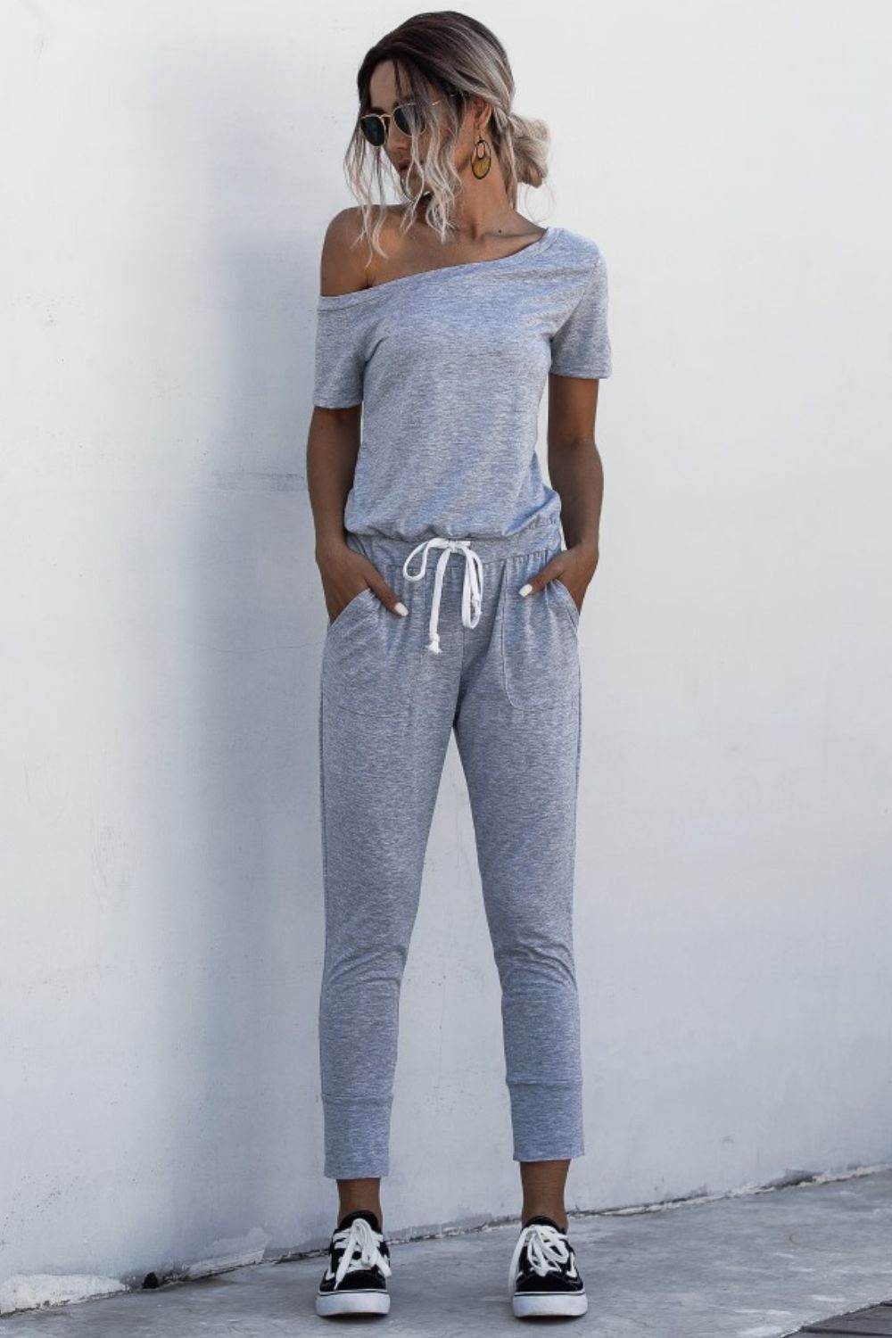 Asymmetrical Neck Tied Jumpsuit with Pockets - Selvanelle