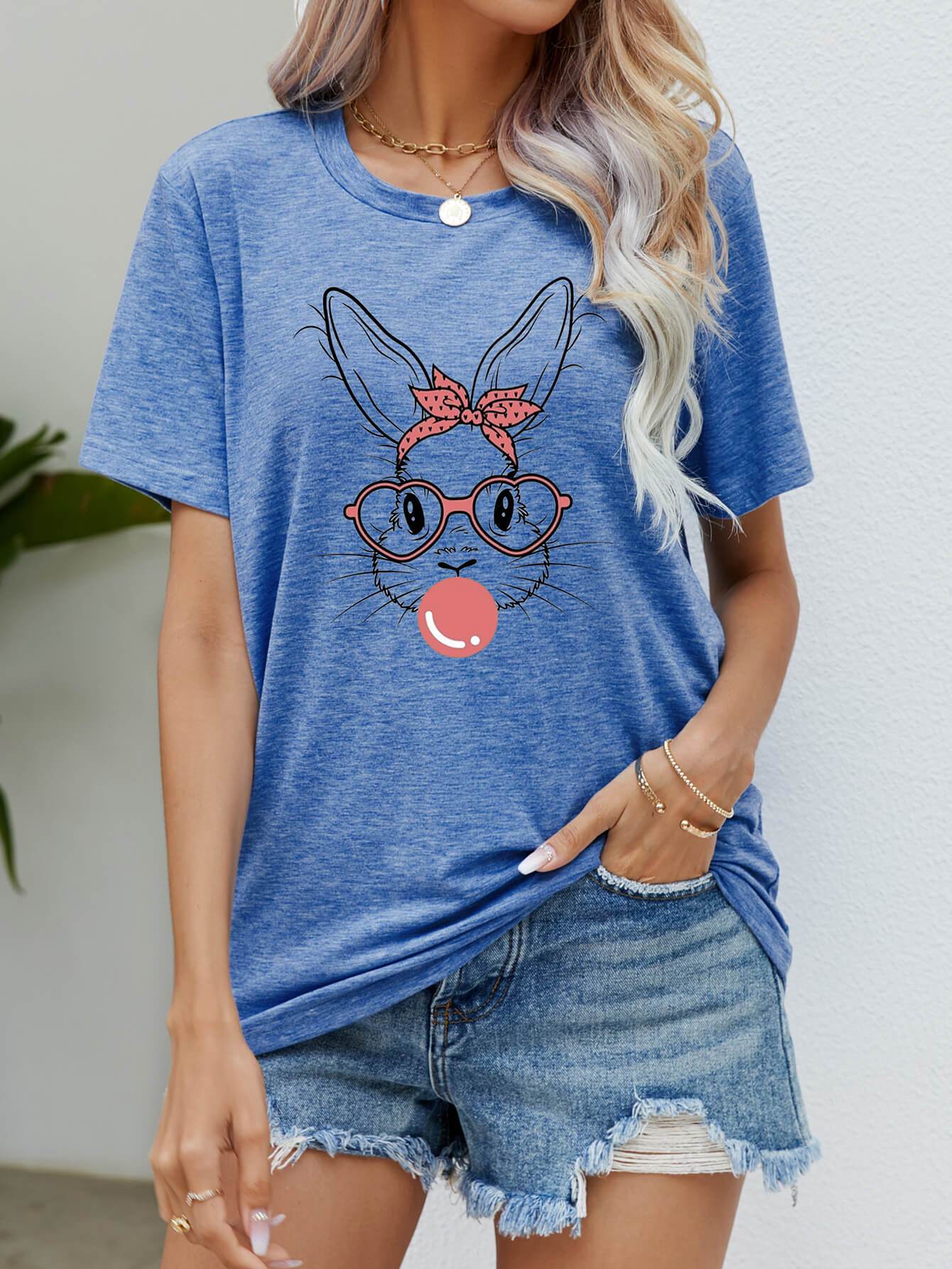 Easter Bunny Graphic Round Neck T-Shirt - Selvanelle