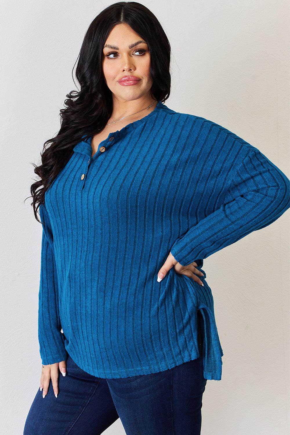 Basic Bae Full Size Ribbed Half Button Long Sleeve T-Shirt - Selvanelle