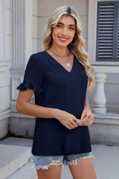 Ruffled V-Neck Short Sleeve Blouse for Stylish Women - Selvanelle