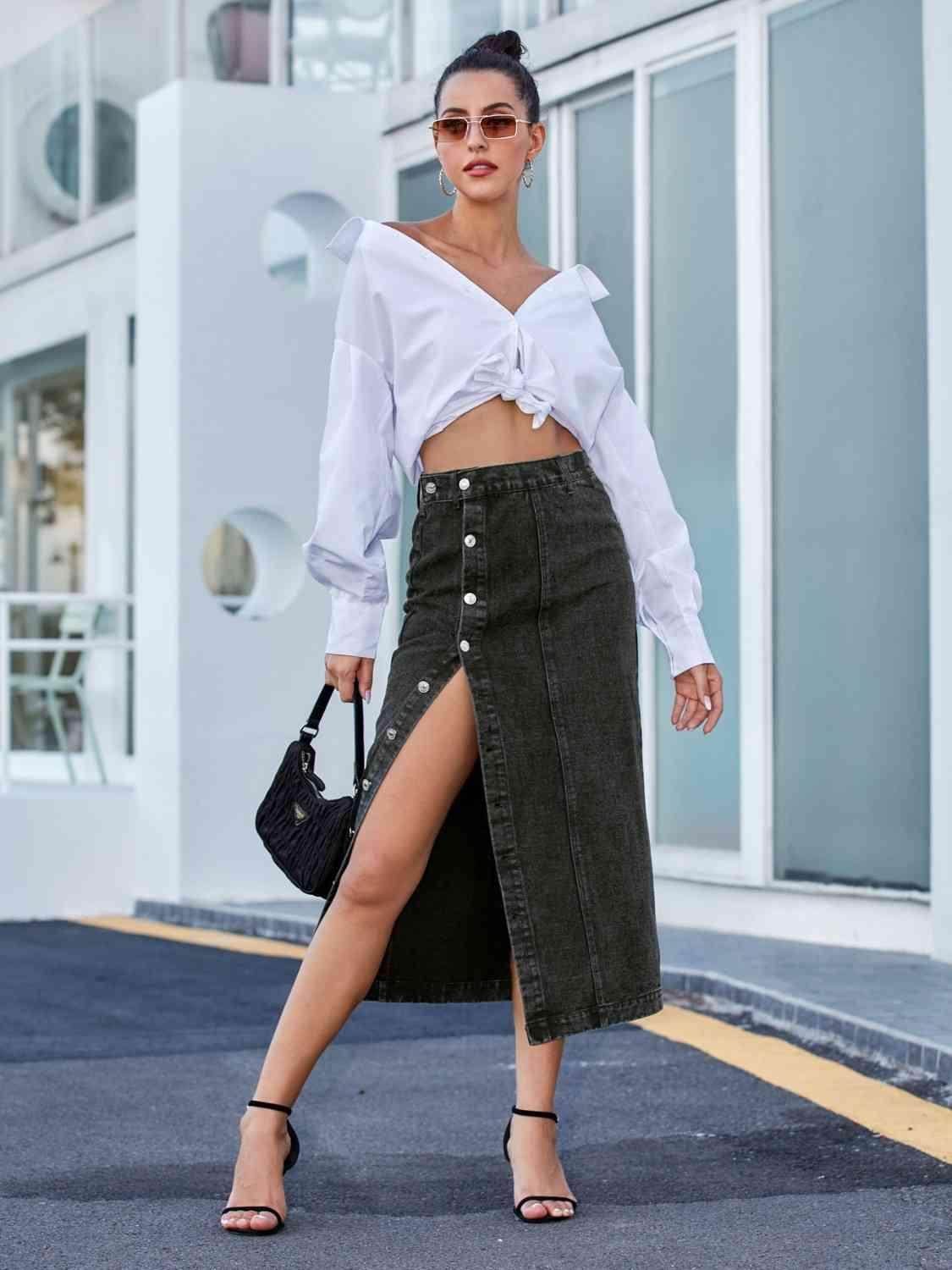 Button Down Denim Skirt for Women in Various Sizes - Selvanelle