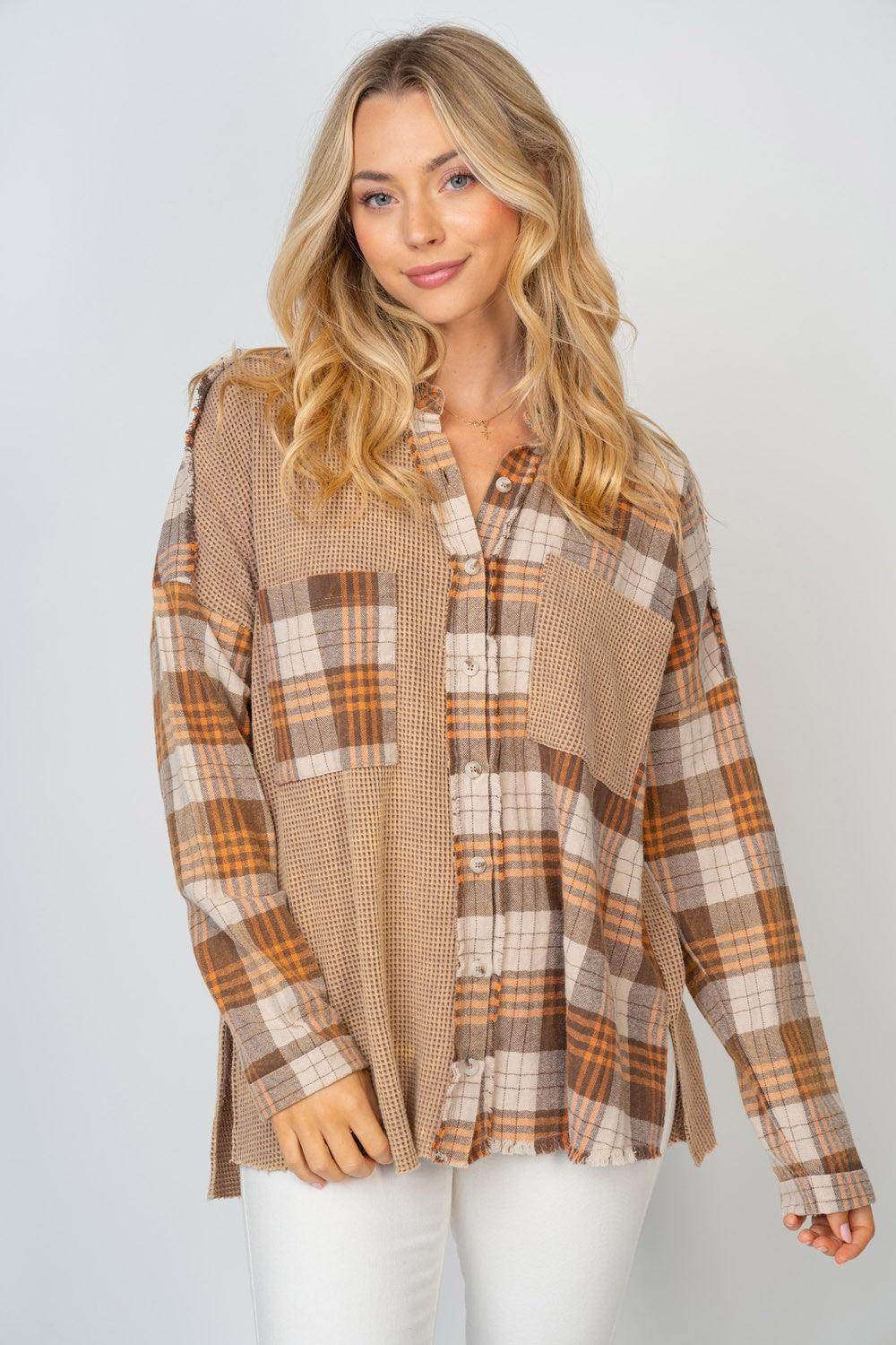 White Birch Full Size Contrast Plaid Button Down Shirt - Selvanelle