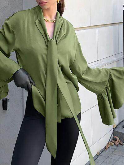 Button Down Flounce Sleeve Shirt for Stylish Women - Selvanelle