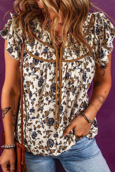 Ruffled Printed Tie Neck Cap Sleeve Blouse for Women - Selvanelle