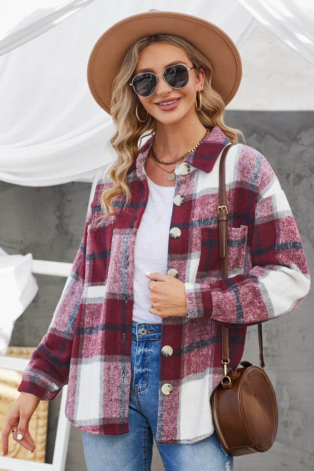 Plaid Button Up Dropped Shoulder Jacket for Women Stylish - Selvanelle