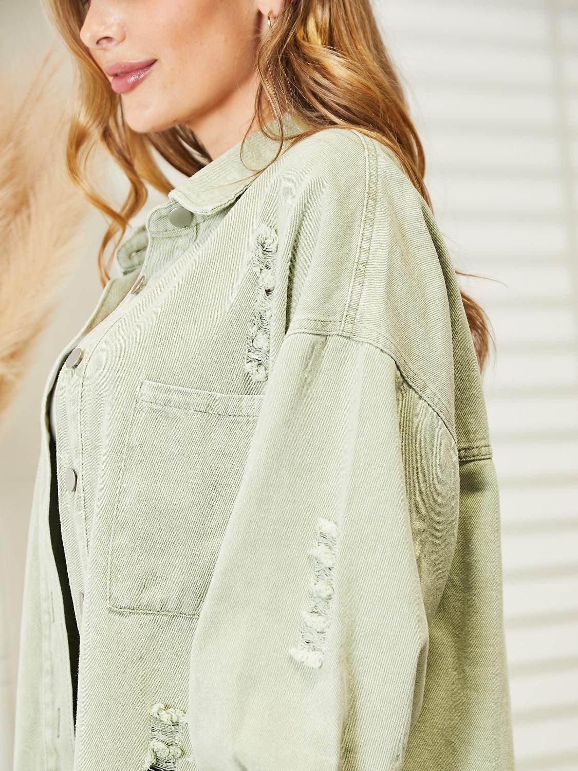 Distressed Raw Hem Denim Jacket for Relaxed Fit Style - Selvanelle