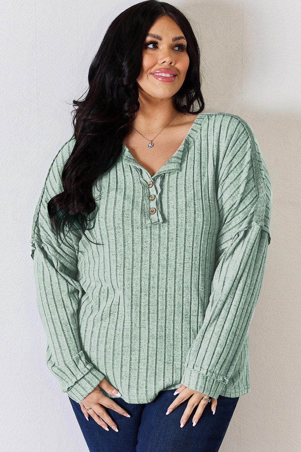 Basic Bae Full Size Ribbed Half Button Long Sleeve T-Shirt - Selvanelle