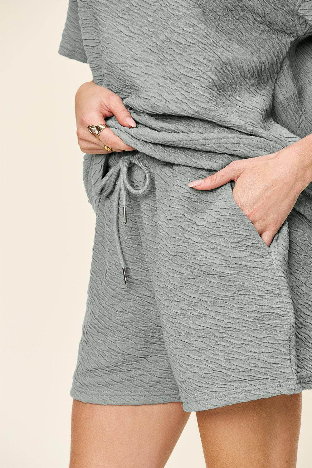 Double Take Full Size Texture Short Sleeve T-Shirt and Drawstring Shorts Set - Selvanelle