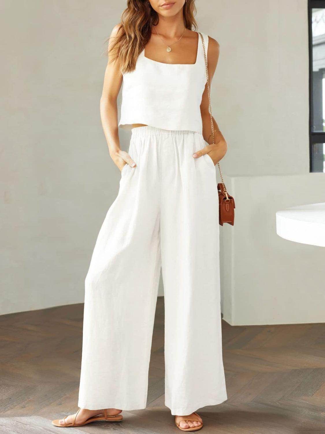 Square Neck Top and Wide Leg Pants Set for Women - Selvanelle