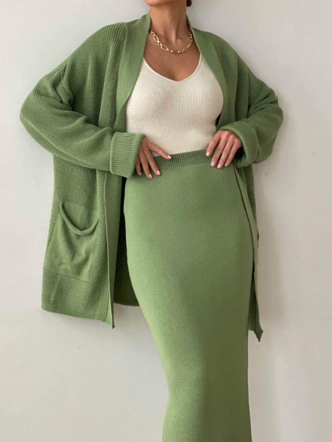 Pocketed Long Sleeve Cardigan and Skirt Sweater Set - Selvanelle