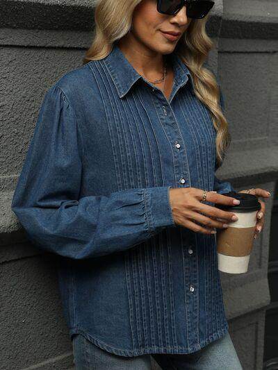 Button Down Collared Neck Long Sleeve Denim Top for Women - Selvanelle