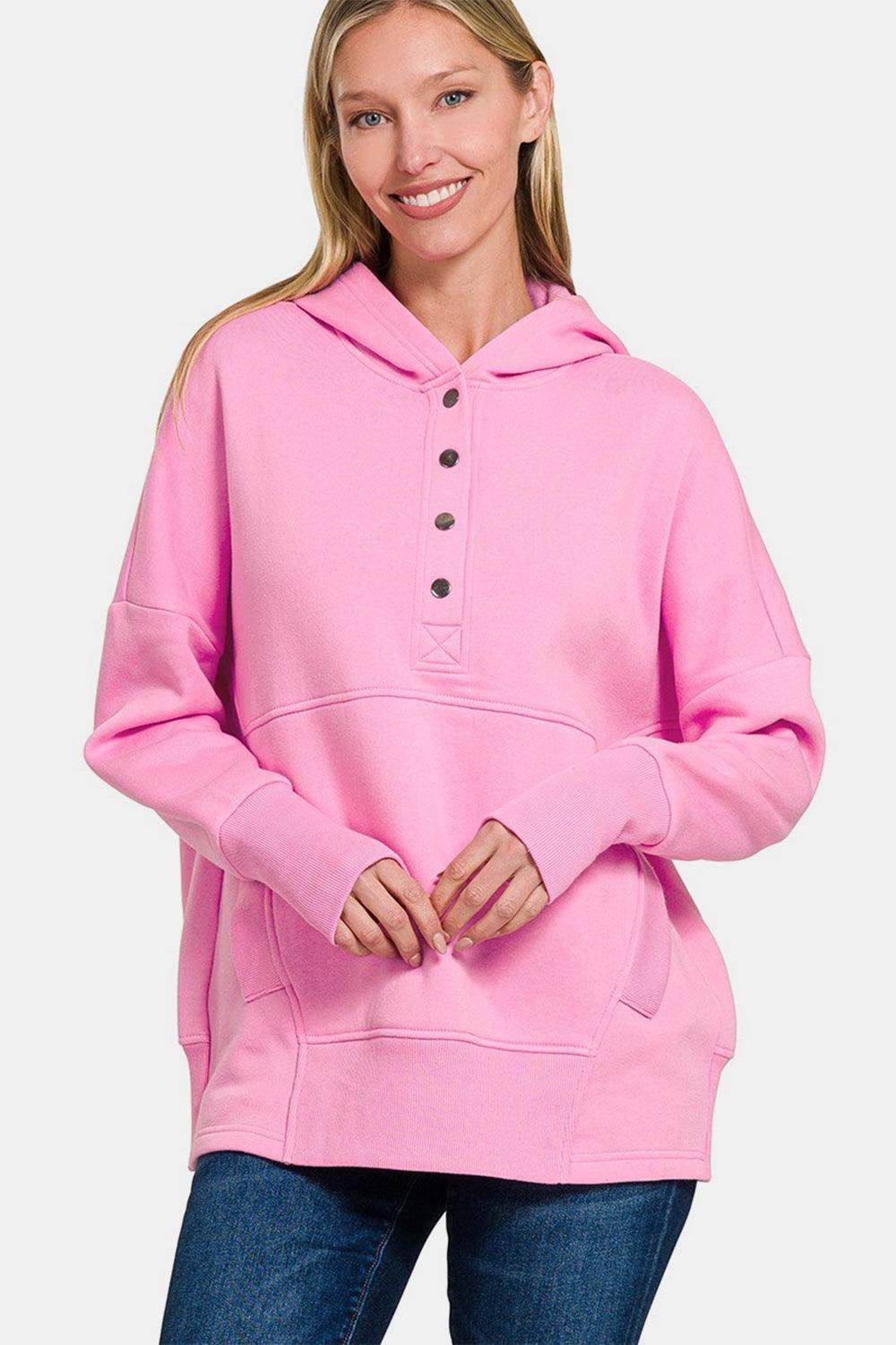 Zenana Half Snap Long Sleeve Hoodie with Kangaroo Pocket - Selvanelle
