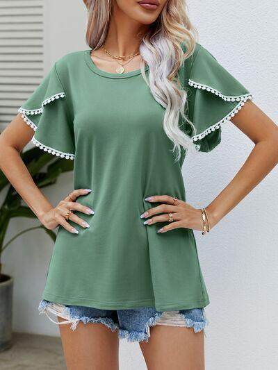 Pom-Pom Trim Flutter Sleeve Round Neck T-Shirt for Women - Selvanelle