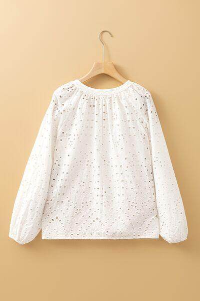 Eyelet V-Neck Long Sleeve Blouse for Stylish Comfort - Selvanelle