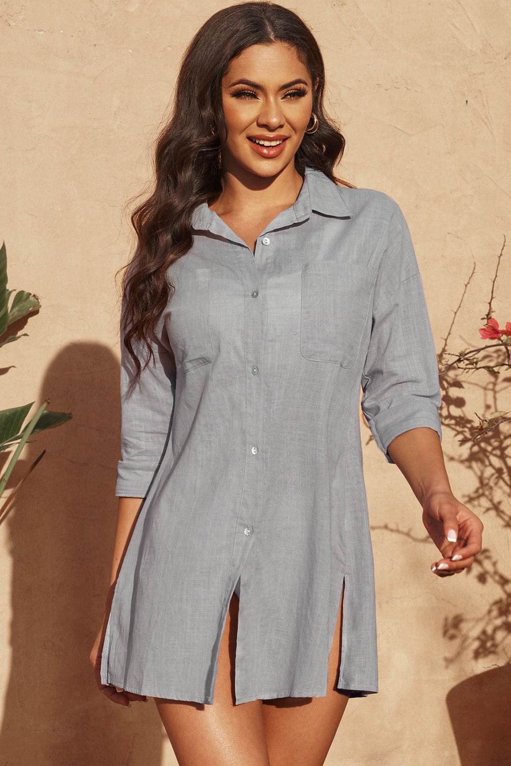 Button-Up Longline Shirt with Breast Pockets - Selvanelle